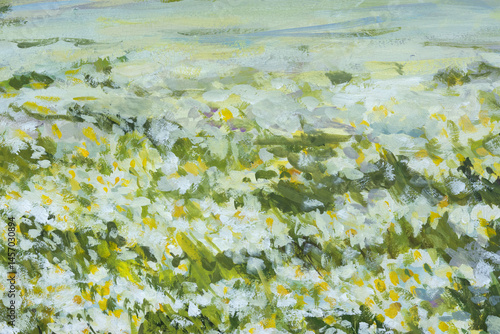 Wallpaper Mural Chamomile meadow gouache painting. Summer white flowers close-up in a meadow. Original author's painting, illustration for notebooks sketchbooks, albums for creativity. Horizontal artistic composition Torontodigital.ca