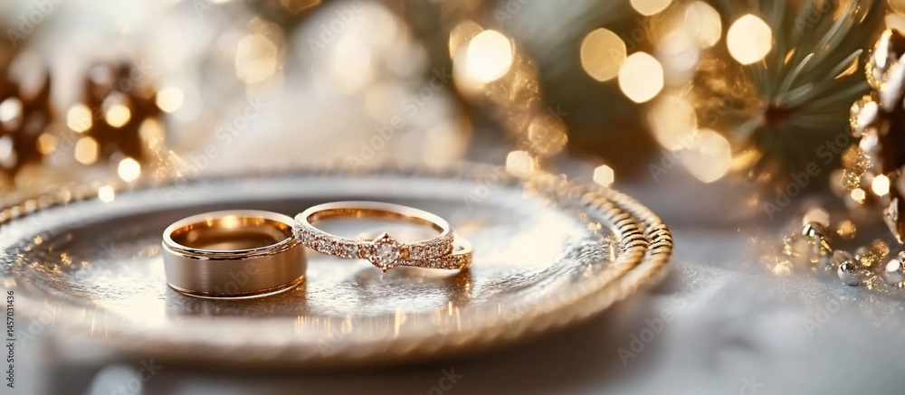 Close-up of wedding rings on a silver plate with bokeh lights in the background. Close-up of wedding rings on a silver plate with bokeh lights in the background.