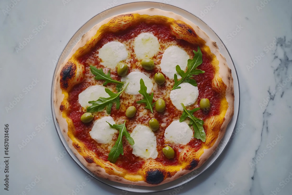 Delicious Homemade Pizza Topped With Fresh Mozzarella and Arugula From a Cozy Kitchen in the Afternoon