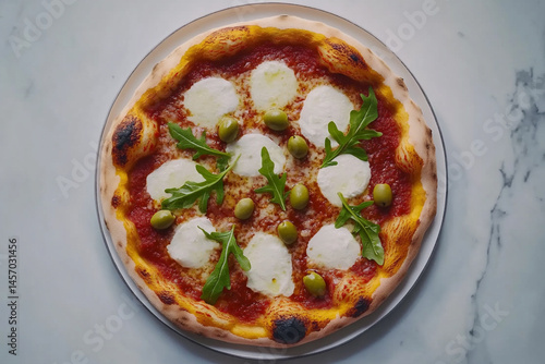 Delicious Homemade Pizza Topped With Fresh Mozzarella and Arugula From a Cozy Kitchen in the Afternoon