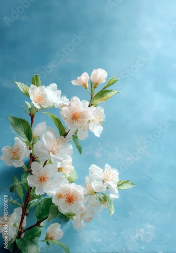 Delicate Spring Blossom Branch against a Light Blue Background