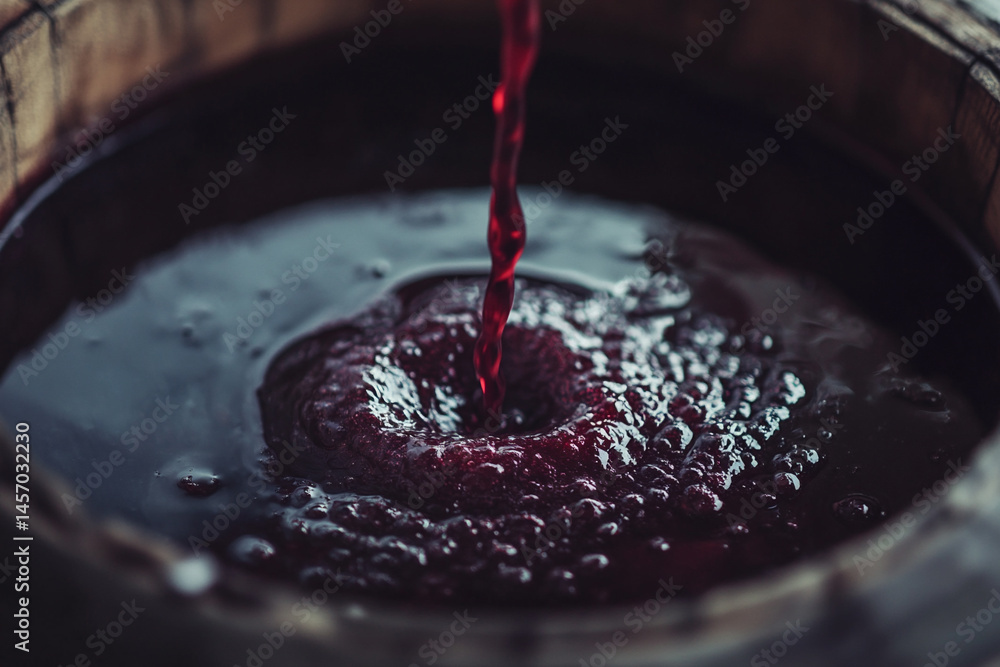 Close-up View of Rich Red Grape Juice Pouring Into a Traditional Wooden Barrel for Fermentation During the Wine-Making Process