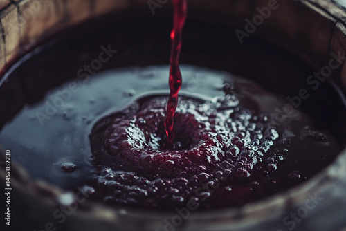 Obraz na płótnie Close-up View of Rich Red Grape Juice Pouring Into a Traditional Wooden Barrel for Fermentation During the Wine-Making Process w salonie