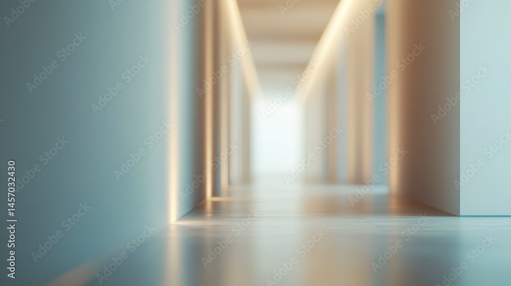 Obraz premium Abstract blurred view of a hospital corridor soft light neutral walls clean minimalist atmosphere calm and hygienic feel.