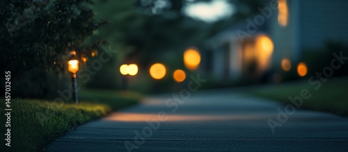 Dusk pathway scene with soft-focus lights and houses.