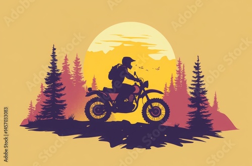 Cartoon adventure logo of a motorbike rider traveling through a scenic forest route with a glowing sun overhead