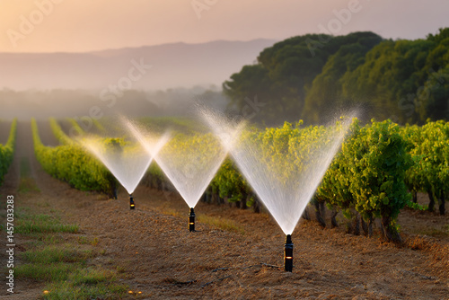 Obraz na płótnie Smart Irrigation Systems Enhance Vineyard Efficiency During Sunrise in the Countryside w salonie