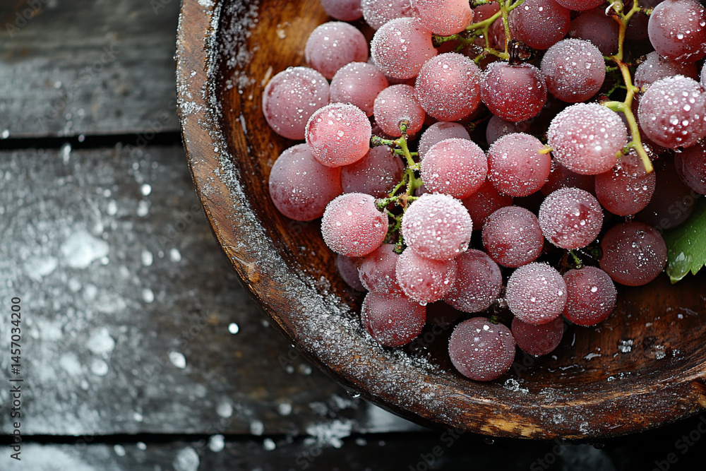 Dew-covered Grapes Glisten in a Wooden Bowl on a Rustic Table Creating a Fresh and Inviting Atmosphere in the Morning Light