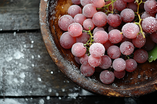 Dew-covered Grapes Glisten in a Wooden Bowl on a Rustic Table Creating a Fresh and Inviting Atmosphere in the Morning Light