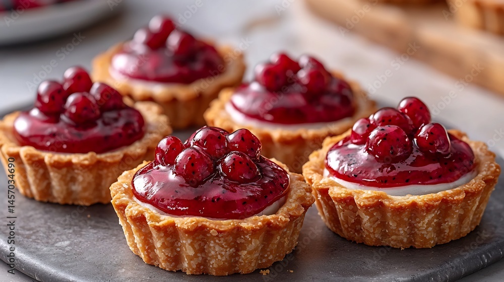 Close up of dragon fruit tartlets glossy vibrant puree soft diffused light highlighting the delicate shine of the fruit topping capturing the texture of the creamy filling and contrast of the tartlets Close up of dragon fruit tartlets glossy vibrant puree soft diffused light highlighting the delicate shine of the fruit topping capturing the texture of the creamy filling and contrast of the tartlets