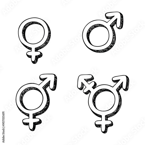 Set of hand drawn female, male, bigender and transgender gender identity icon Symbol used to represent sex and gender
