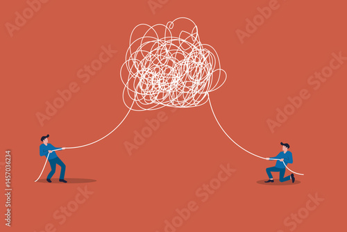Businessman Unravel business chaos process with tangle difficult problem mess. concept of find solution, thinking process and problem solving