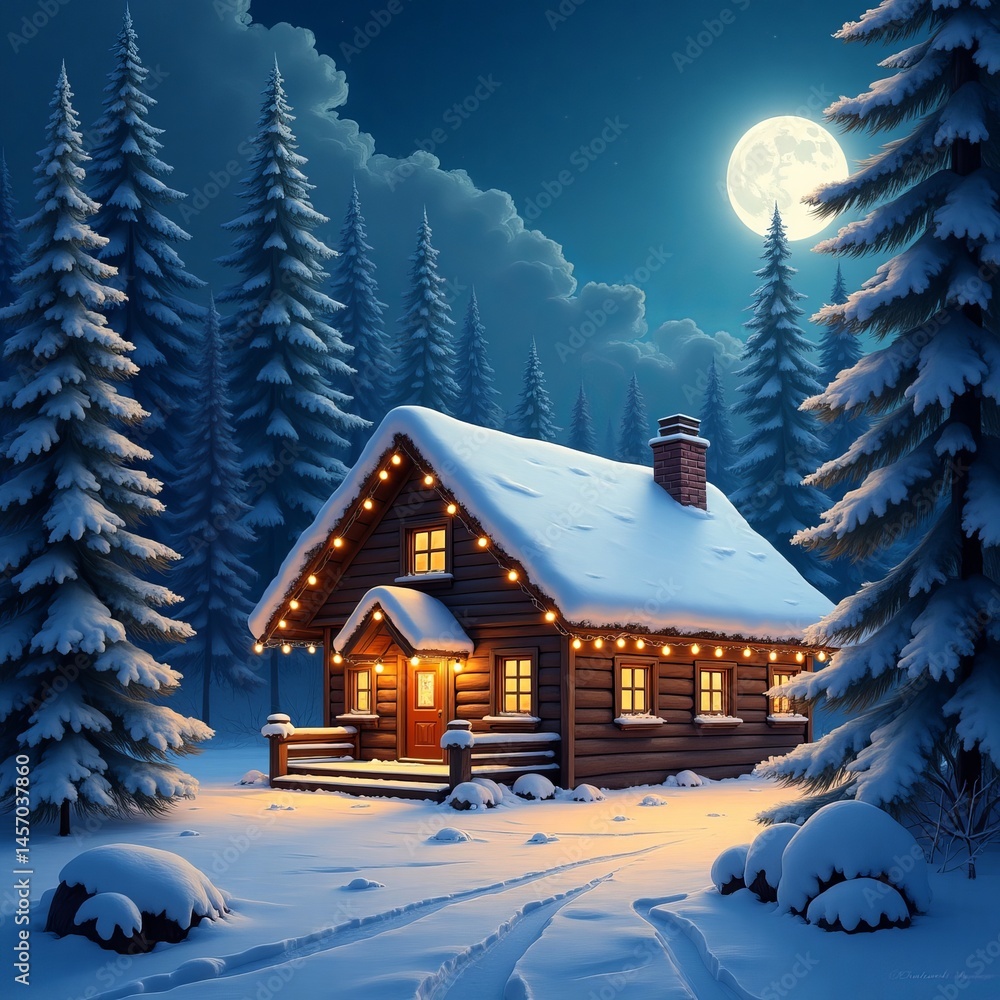 Naklejka premium cozy winter cabin in snowy forest