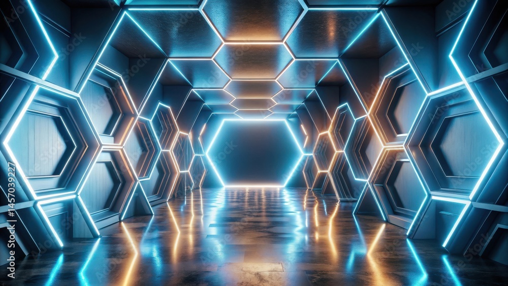 Futuristic Hexagonal Corridor with Vibrant Neon Lighting and Reflective Floor Futuristic Hexagonal Corridor with Vibrant Neon Lighting and Reflective Floor