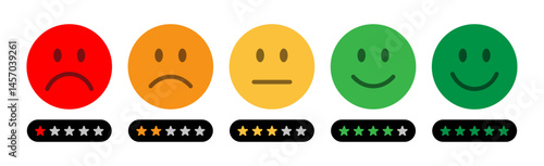 Smiley face icons showing feedback levels with star ratings. Customer satisfaction scale from very bad to excellent. Colorful emojis for review, survey, and user experience. Feedback, emoji, icons.
