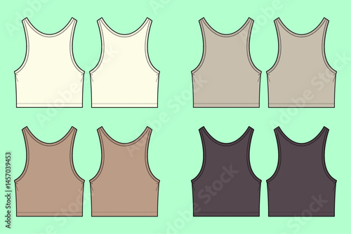 Women crop tank top colour way set technical drawing fashion flat sketch vector illustration template front and back views outline CAD mockup