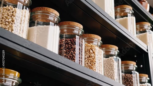 Kitchen organization: jars of grains and pasta neatly arranged on shelves in modern pantry