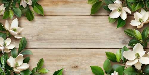 White magnolia blossoms and green leaves frame a light brown wooden background, creating a spring or summer theme.