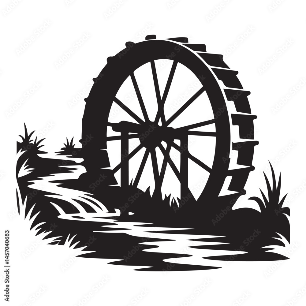 Fototapeta premium waterwheel Vector Black silhouettes. with white background