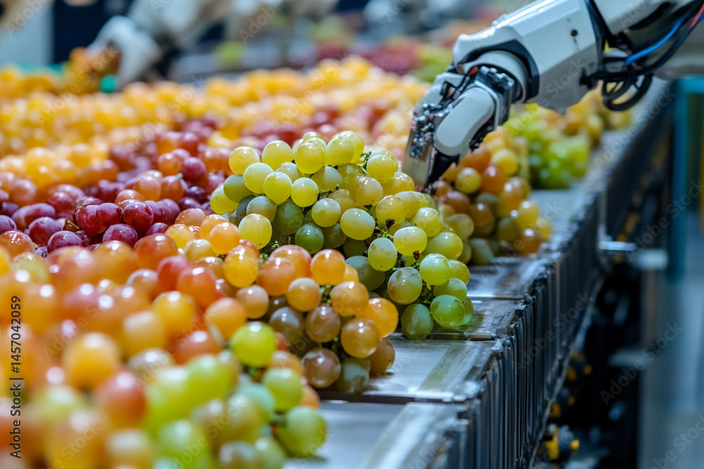 Robotic Arms Skillfully Sorting and Handling Fresh Grapes in a Modern Agricultural Facility