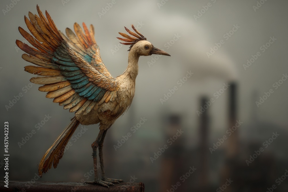 Obraz premium Detailed sculpture of a strange avian-like creature with textured feathers and a long beak standing in industrial background.