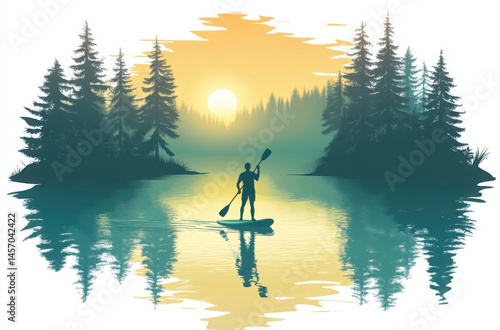 Cartoon vector logo featuring a man paddle boarding on a lake at sunrise