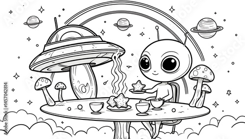Adorable Alien Enjoying Tea Party in Space Coloring Page
