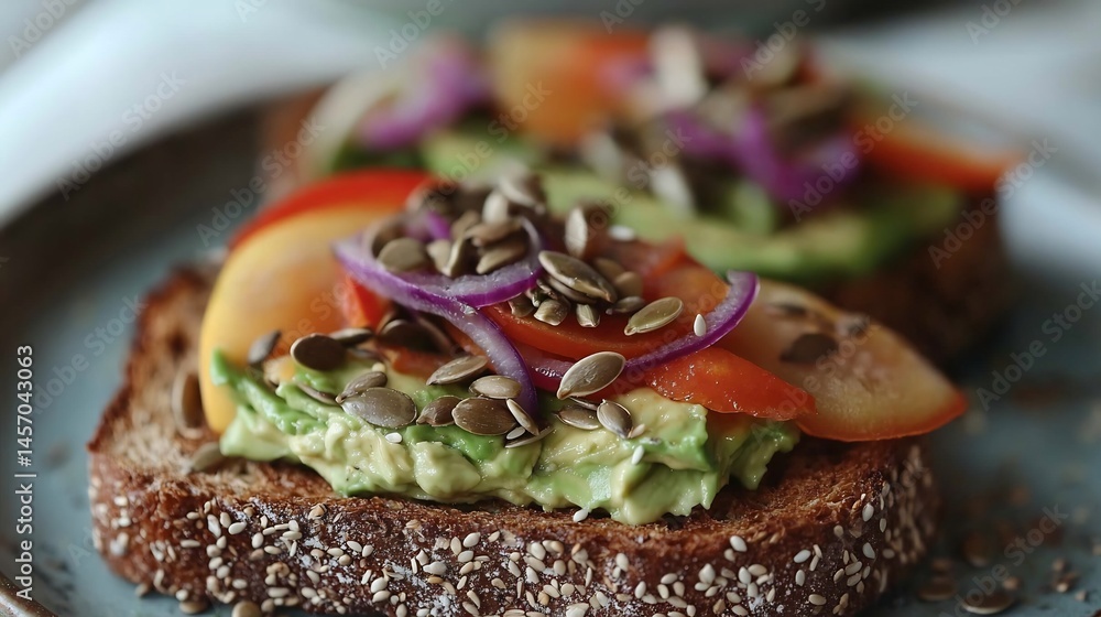 Close up of perfectly made avocado toast with a creamy avocado spread vibrant vegetables and seeds The smooth texture and freshness of the toppings are captured under soft diffused light Close up of perfectly made avocado toast with a creamy avocado spread vibrant vegetables and seeds The smooth texture and freshness of the toppings are captured under soft diffused light