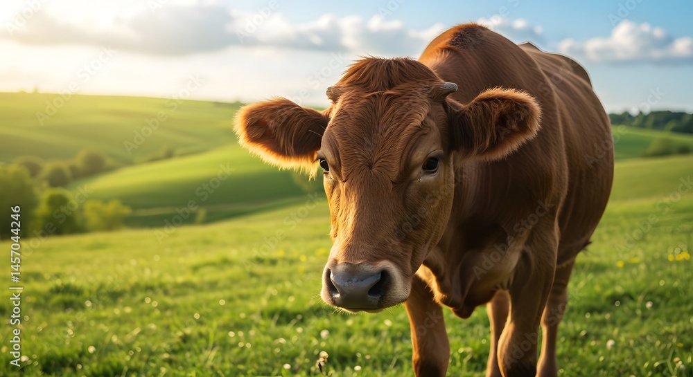 Brown Cow Standing in Green Pasture with Rolling Hills Background Brown Cow Standing in Green Pasture with Rolling Hills Background