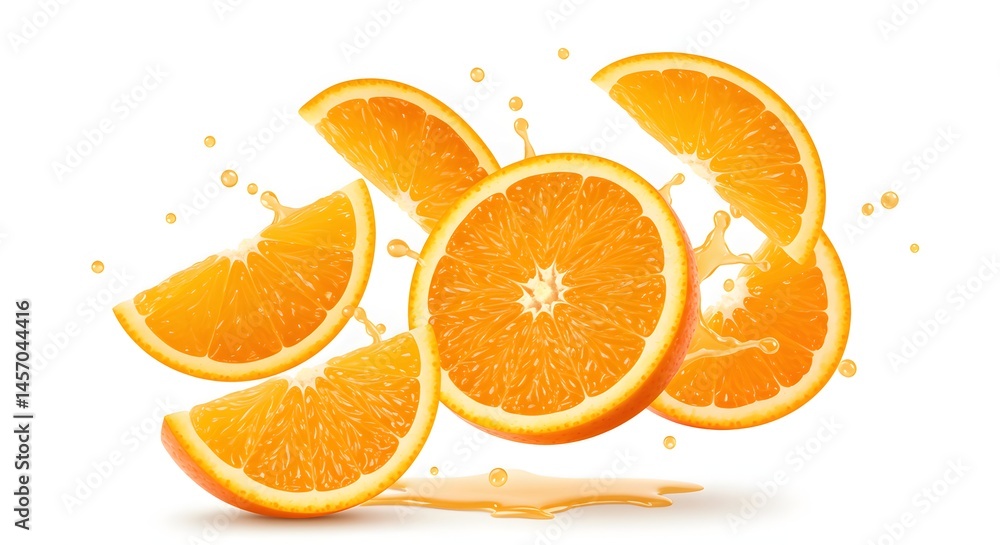 Fototapeta premium image of fresh orange slices flying in mid-air with realistic shadows and soft lighting, isolated on a clean white background