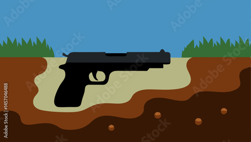 Handgun in the Mud A vector showing a black handgun halfsubmerged in muddy water at the bottom of a narrow ditch with mud and weeds partially covering it.