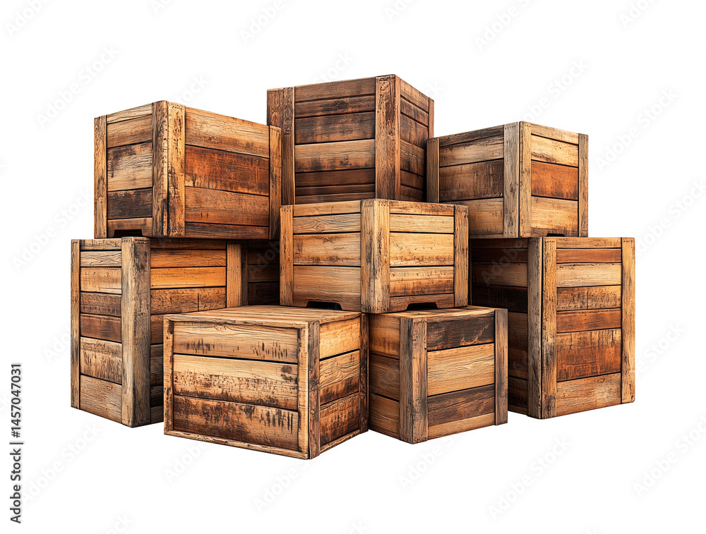 Big pile of wooden crates without shadow on white or transparent background