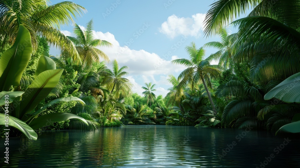 Fototapeta premium Lush tropical scene with vibrant greenery and serene waters under a bright blue sky.