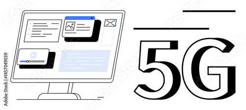 Computer screen with open applications beside large 5G typography, representing fast connectivity. Ideal for technology, innovation, communication, speed, internet, mobile networks progress. Flat
