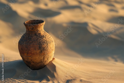 Ancient clay pot rests in the desert sand, bathed in warm sunlight.