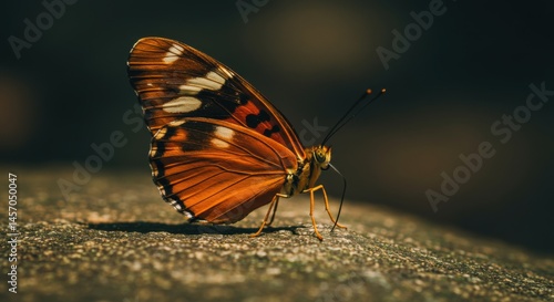 Close-up of a colorful butterfly showcasing its intricate wing patterns of black, orange, and white against a neutral backdrop photo
