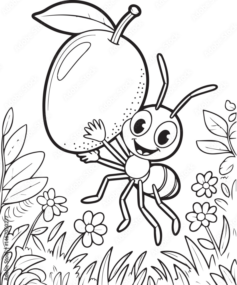 Cartoon ant with a mango in jungle natural background coloring page for kids, black line art vector illustration for children book design Cartoon ant with a mango in jungle natural background coloring page for kids, black line art vector illustration for children book design