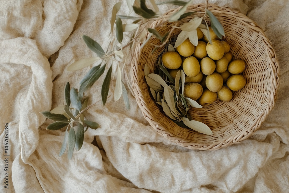 Basket of Olives Resting on a Textured Fabric With Olive Leaves Arranged Around It in a Top View Setting During Daylight