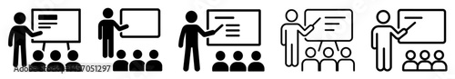 Set of teacher and classroom icons with students and board