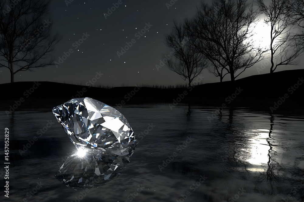 Obraz premium Diamond on Icy Water at Night Under the Moon