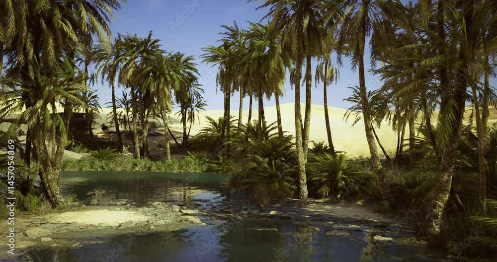 A serene oasis features crystal clear water and lush palm trees. Golden sand dunes rise gently in the background under a clear blue sky, creating a peaceful natural setting. A serene oasis features crystal clear water and lush palm trees. Golden sand dunes rise gently in the background under a clear blue sky, creating a peaceful natural setting.