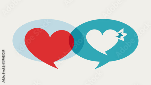 Communication Bubbles Two overlapping speech bubbles filled with hearts indicating open and honest dialogue in a healthy relationship contrasting with a single jagged bubble with