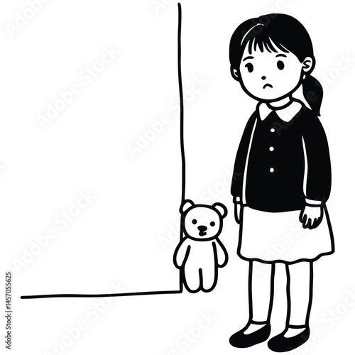 lonely sad little girl with teddy bear stands in front of a gray wall vector