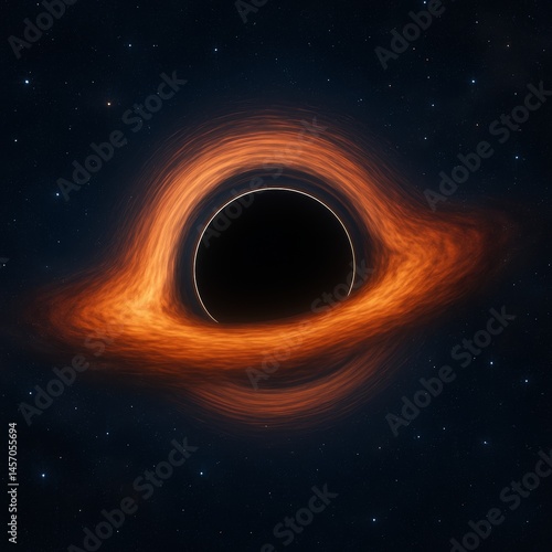 The image depicts a black hole surrounded by swirling orange gas against a star-filled backdrop, creating a mesmerizing cosmic scene. 3D, 4K.
