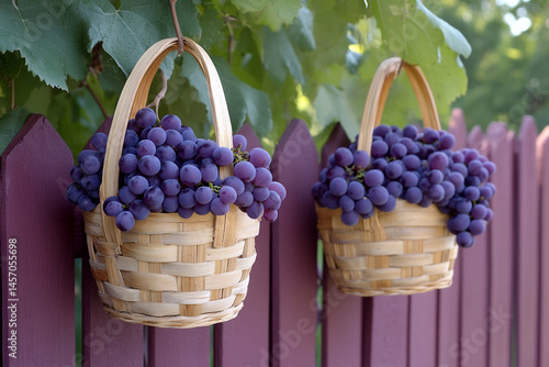 Obraz na płótnie Handwoven Grape Baskets Overflowing With Fresh Grapes Hang on a Rustic Fence w salonie