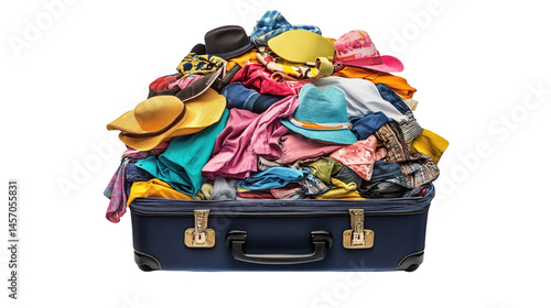 Suitcase overflowing with vibrant clothing and a collection of diverse hats ready for adventure