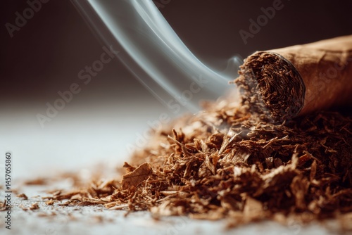 Smoldering Cigar with Tobacco Shavings: A Close-Up View of Smoke, Texture, and Luxury in Sharp Focus