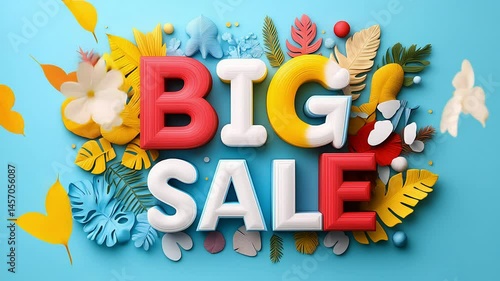 Big sale colorful sign with tropical leaves decoration on blue background