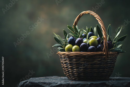 Obraz na płótnie Woven Basket Filled With Fresh Green and Black Olives on a Dark Stone Surface in a Serene Setting w salonie