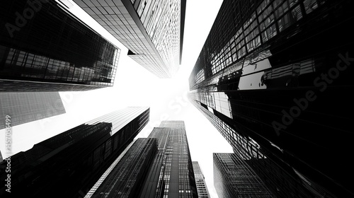Contemporary skyscraper architecture black steel and glass structure bottom perspective white sky sharp urban contrast.  